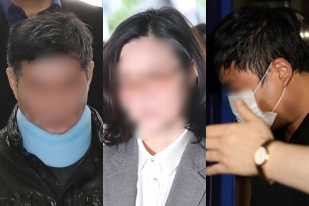 (왼쪽부터) 조국 전 법무부 장관 동생 조모(52) 씨, 부인 정경심(57) 교수, 5촌 조카 조범동(37) 씨. 연합뉴스