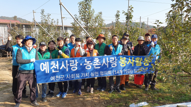 예천군 사회적 가치 실현 협의회 소속 단체 회원 30여 명이 예천군 보문면 우래리 한 사과 농가에서 일손을 돕고 기념촬영을 하고 있다. K-water 예천수도관리단 제공