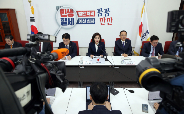 자유한국당 나경원 원내대표가 13일 오전 국회에서 열린 원내대표-중진의원 회의에서 발언하고 있다. 연합뉴스