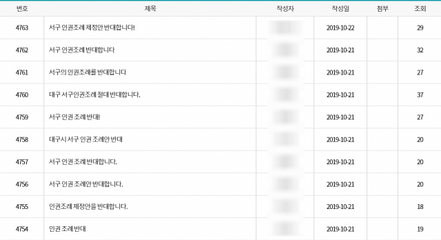 서구청 홈페이지에 게시된 인권조례 반대 게시글. 서구청 홈페이지 갈무리.