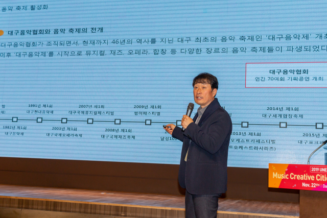 유네스코 음악창의도시 대구 포럼에서 이치우 대구음악협회 회장이 대구 음악창의도시 이미지 전략을 발표하고 있다. 홍준헌 기자