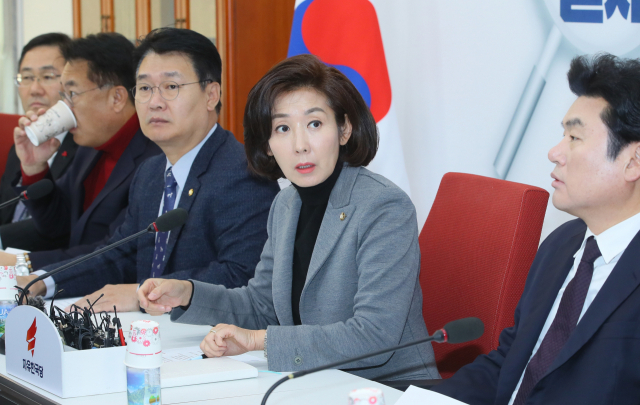 자유한국당 나경원 원내대표가 27일 국회에서 열린 원내대표-중진의원 회의에서 발언하고 있다. 연합뉴스