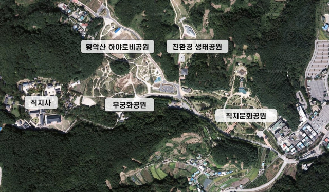 경북 김천시가 직지사 인근에 조성된 직지문화공원, 무궁화공원, 친환경생태공원, 사명대사공원 등 4개 공원 조감도. 김천시 제공