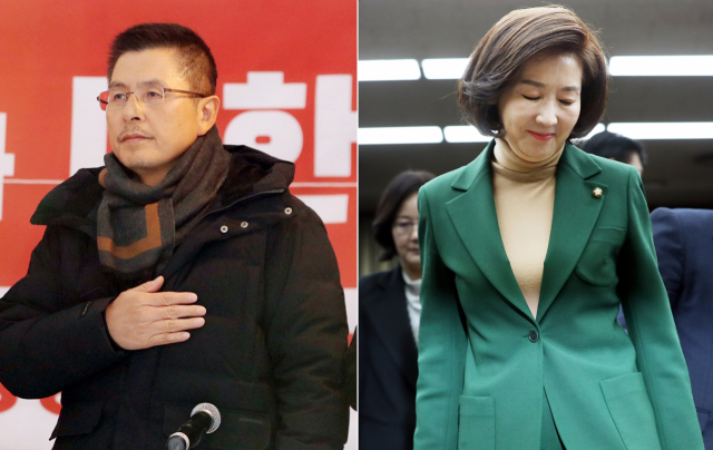 자유한국당 황교안 대표(왼쪽)가 4일 서울 종로구 청와대 사랑채 앞 