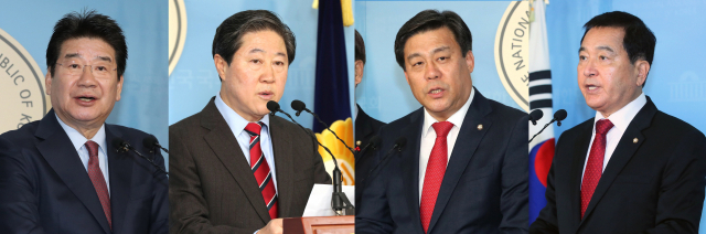 오는 9일 치러지는 한국당 원내대표 경선에서는 패스트트랙 정국에 대한 해법 제시, 당 혁신 및 통합 전략, 황교안 대표의 의중 등이 변수로 작용할 전망이다. 사진은 원내대표 경선 출마를 선언하는 강석호(왼쪽부터 기호순으로)·유기준·김선동·심재철 후보. 연합뉴스