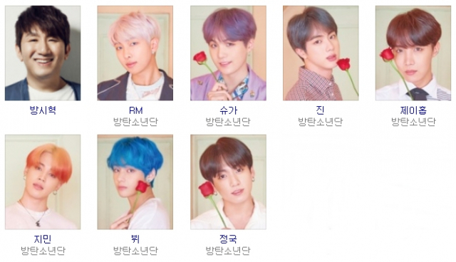 방시혁 빅히트 엔터테인먼트 대표 및 방탄소년단(BTS) 멤버 RM, 슈가, 진, 제이홉, 지민, 뷔, 정국. 네이버