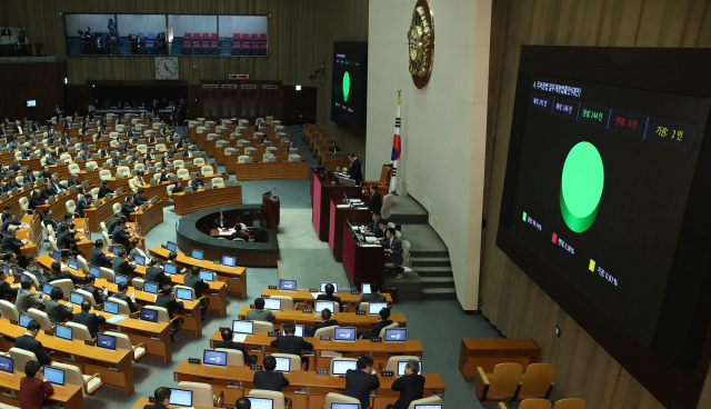 10일 오전 서울 여의도 국회본회의에서 하준이법으로 불리는 주차장법 일부개정법률안이 통과되고 있다. 연합뉴스