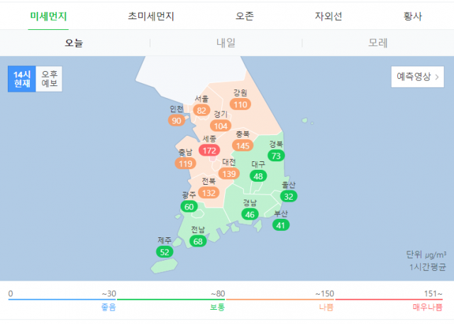 한국환경공단 에어코리아에 따르면 이날 오후 2시 기준 대구 미세먼지와 초미세먼지 농도는 각각 48㎍/㎥, 30㎍/㎥로 낮아져 