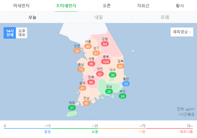 한국환경공단 에어코리아에 따르면 이날 오후 2시 기준 대구 미세먼지와 초미세먼지 농도는 각각 48㎍/㎥, 30㎍/㎥로 낮아져 