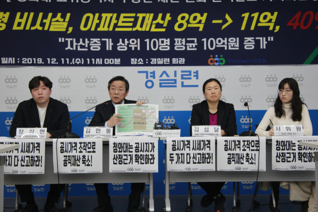 11일 서울 종로구 경실련회관에서 김헌동 경실련 부동산건설개혁본부 본부장이 문재인 정부 출범 후 대통령비서실 공직자 부동산 가격 추이를 설명하고 있다.경실련 제공