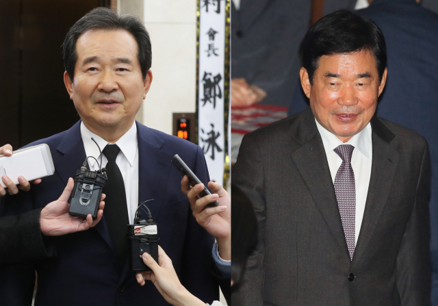 청와대가 이낙연 국무총리의 후임으로 정세균 전 국회의장(왼쪽)을 지명하는 방안을 검토하고 있는 것으로 11일 알려졌다. 가장 유력한 후보로 꼽혔던 더불어민주당 김진표 의원(오른쪽)이 진보진영의 반대에 부딪히면서 