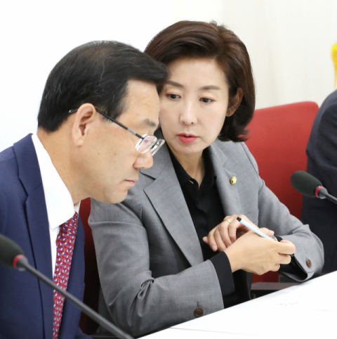 자유한국당 나경원 원내대표(오른쪽)가 지난달 10일 오전 국회 원내대표실에서 열린 문재인 정권의 사법 장악 저지 및 사법부 독립 수호 특별위원회 회의에 앞서 주호영 의원과 대화하고 있다. 연합뉴스
