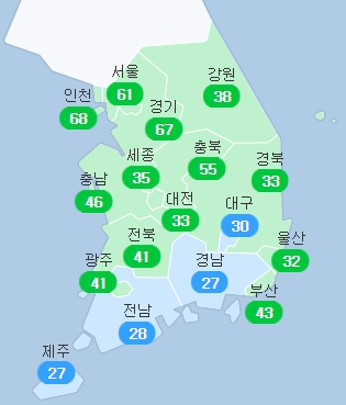 26일 오후 3시 기준 전국 미세먼지 농도. 에어코리아