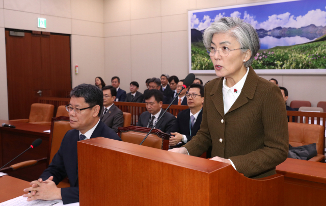 강경화 외교부 장관이 9일 오전 서울 여의도 국회에서 열린 국회 외교통일위원회 전체회의에서 현안 보고를 하고 있다. 연합뉴스