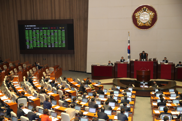 9일 국회에서 열린 본회의에서 자유한국당 의원들이 불참한 가운데 민생법안이 처리되고 있다. 연합뉴스