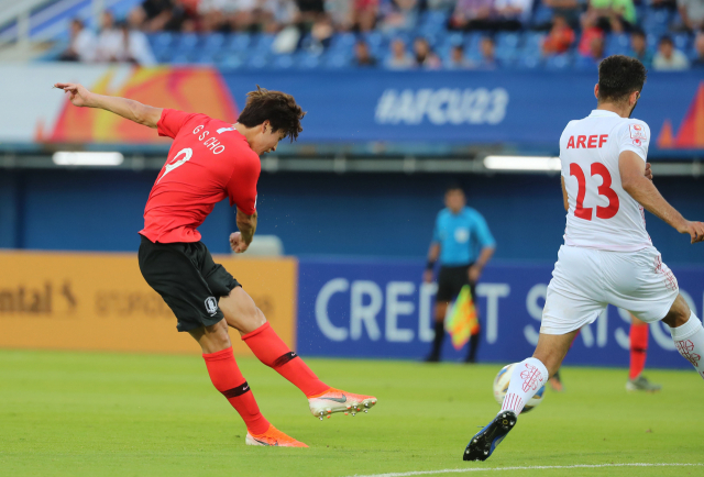 12일 오후(현지시간) 태국 송클라 틴술라논 스타디움에서 열린 2020 아시아축구연맹(AFC) U-23 챔피언십 한국과 이란의 조별리그 2차전에서 조규성이 추가골을 넣고 있다. 연합뉴스