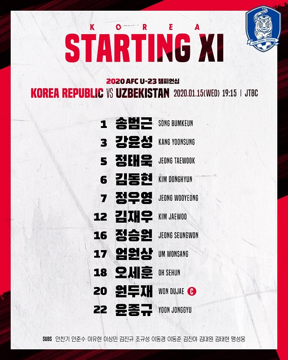 한국 우즈벡 전 선발명단. 대한축구협회