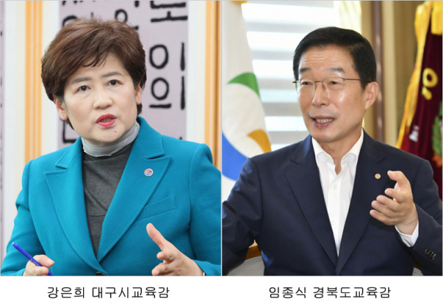 강은희 대구시교육감(왼쪽)은 대입 제도 개편 방향 등 주요 교육 이슈에 대한 생각과 올해 정책 추진 방향 등에 대해 얘기했다. 임종식 경북도교육감(오른쪽)은 주요 교육 이슈와 올해 정책 방향 등에 대해 설명했다. 대구시교육청·경북도교육청 제공