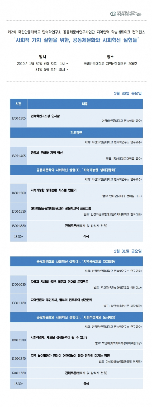 지역협력 학술네트워크 콘퍼런스 프로그램 계획. 안동대 제공