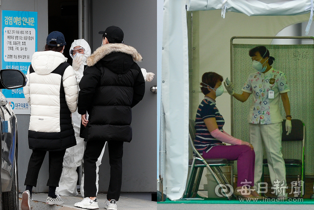 신종 코로나바이러스 감염증 예방을 위해 유관 기관마다 총력 대응에 나선 가운데 의료진의 대응 자세가 5년 전 메르스 사태 때와는 사뭇 다르다. 5일 대구의료원에서 의료진이 고글이 부착된 방호복을 착용한 채 신종 코로나바이러스 감염을 의심해 선별진료소를 찾은 시민들을 안내하고 있다.(왼쪽) 2015년 6월8일 같은 장소에서 의료진이 마스크와 장갑만 착용한 채 환자분류소를 찾은 환자의 체온을 측정하고 있다.(오른쪽) 우태욱 기자 woo@imaeil.com