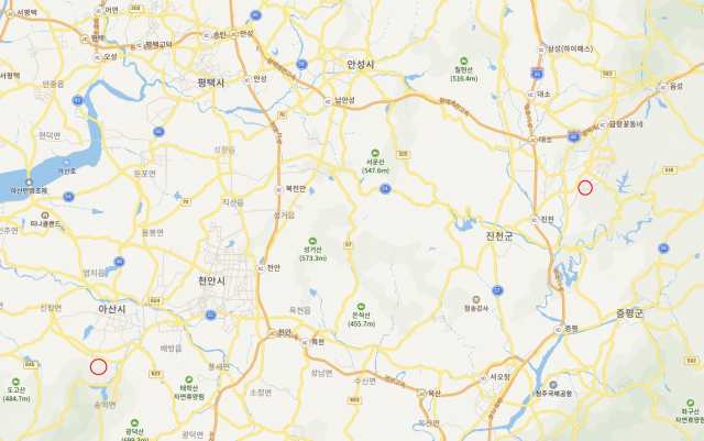 왼쪽 빨간원 아산 경찰인재개발원과 오른쪽 빨간원 진천 국가공무원인재개발원. 네이버 지도