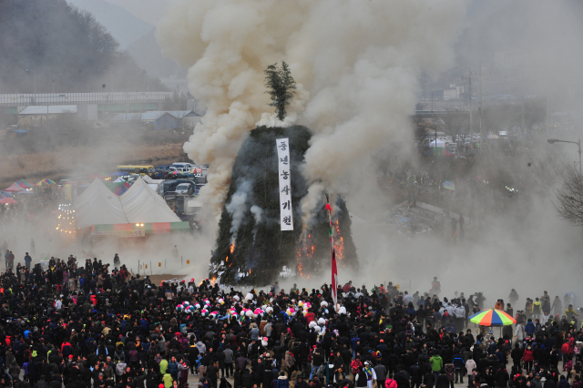경북 청도 정월대보름행사가 전격 취소돼 지난해에 이어 올해도 달집태우기 행사를 볼 수 없게 됐다. 2018년 청도에서 열린 달집태우기. 청도군 제공