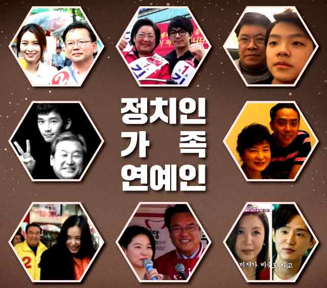 왼쪽부터 시계방향으로 김부겸 의원의 딸 윤세인, 김을동 전 의원의 아들 송일국, 장제원 의원의 아들 장용준, 박근혜 전 대통령의 5촌 조카 은지원, 김한길 전 의원의 처조카 권율, 정진석 의원의 조카며느리 이영애, 문희상 의장의 조카 이하늬, 김무성 의원의 아들 고윤. 사진=안성완