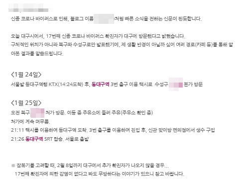 한 네티즌이 신종코로나바이러스에 관한 확인되지 않은 사실을 자신의 블로그에 올렸다. 네이버 블로그 캡쳐.