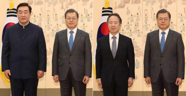 문재인 대통령이 7일 오전 청와대에서 싱하이밍 신임 주한 중국대사(왼쪽 사진), 도미타 고지 주한 일본대사로부터 신임장을 받은 뒤 기념촬영을 하고 있다. 연합뉴스