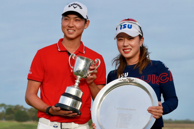 9일 호주 빅토리아주에서 끝난 ISPS 한다 빅 오픈 유러피언투어 우승자 호주 동포 이민우(왼쪽)와 LPGA 투어 우승자 박희영(오른쪽)이 트로피를 들고 미소짓고 있다. 골프 오스트레일리아 제공.