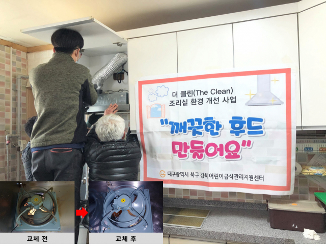전문인력이 어린이 급식소에 부착된 후드 세척 및 환풍구 교체작업 중인 모습. 대구과학대 제공