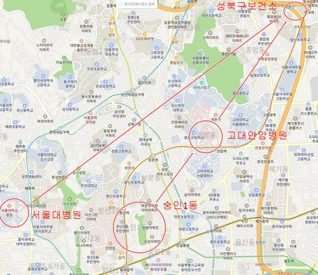 서울시 종로구 숭인1동, 고대안암병원, 성북구보건소, 서울대병원 위치 및 29번째 확진자 이송 경로. 네이버 지도