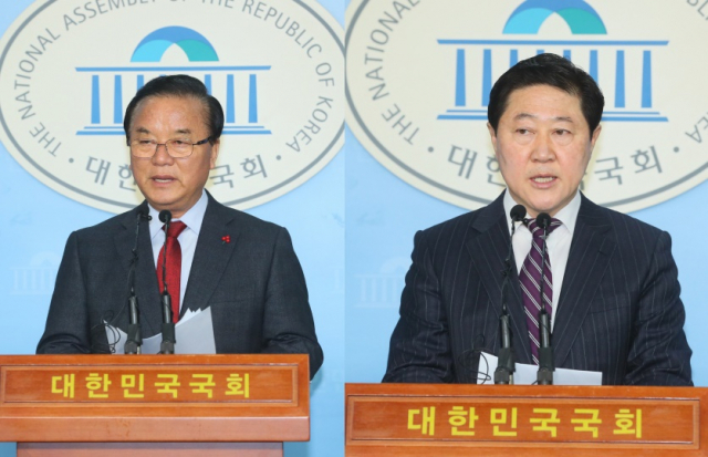 자유한국당 정갑윤(왼쪽) 의원과 유기준 의원이 17일 총선 불출마 선언을 했다. 연합뉴스