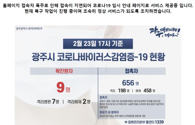 23일 오후 8시 55분 기준 광주광역시 홈페이지가 접속 마비 상황이다. 광주시 웹사이트