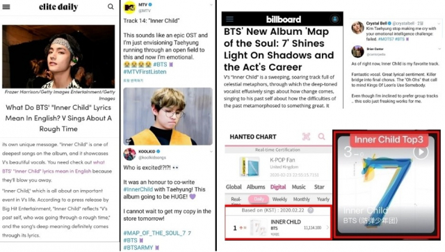 사진. 방탄소년단 뷔 솔로곡 해외 기사, 음원 차트