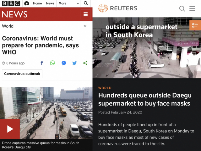 BBC(왼쪽)와 로이터 통신(오른쪽)에서 방영한 TV매일신문의 코로나19 관련 영상. BBC 및 로이터 통신 홈페이지