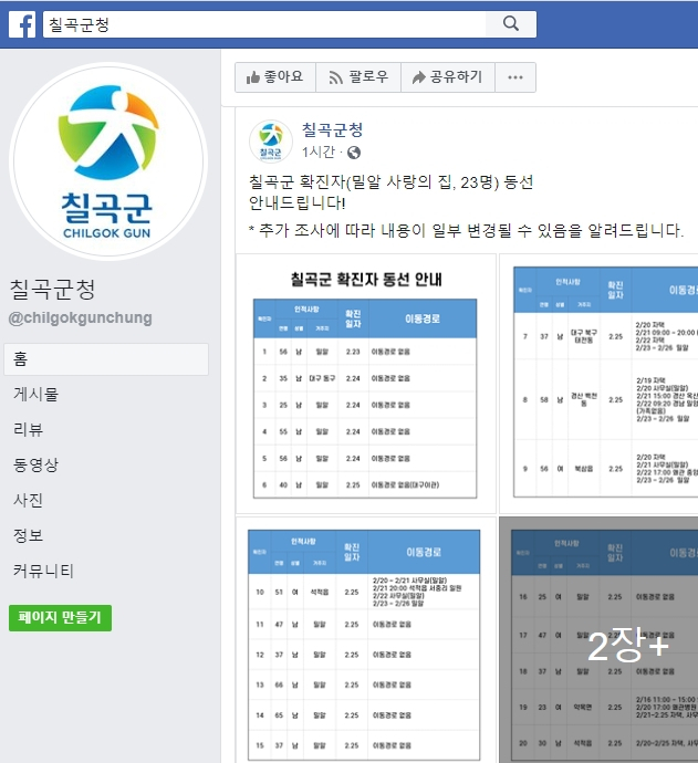 칠곡군청 페이스북 페이지. 코로나19 관련 정보를 지속적으로 업데이트하고 있다.