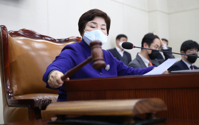 더불어민주당 소속 전혜숙 행정안전위원장이 4일 오후 국회에서 열린 행정안전위원회 전체회의에서 선거구획정안에 대한 안건을 상정하고 있다. 연합뉴스