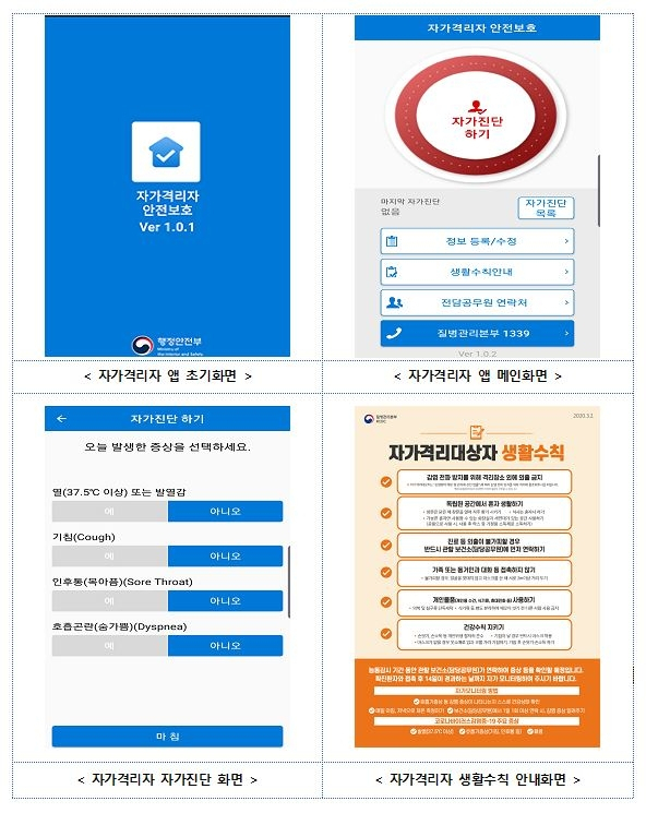 코로나19 자가격리자 안전보호 앱 주요 화면. 행정안전부 제공