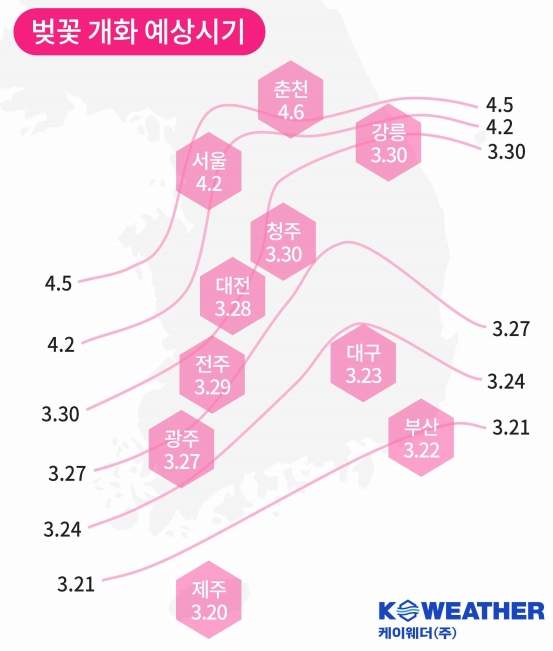 2020년 벚꽃 개화 예상 시기. 케이웨더