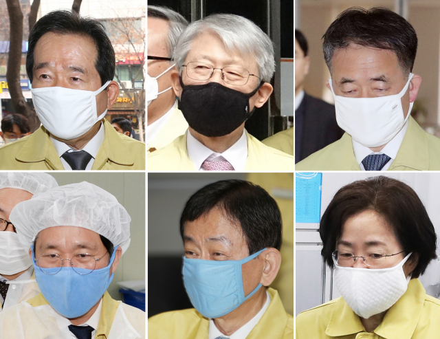 정부의 공적마스크 공급 첫날인 9일, 정세균 국무총리를 비롯한 장관들이 일회용 마스크를 벗고 면 마스크를 일제히 착용했다. 총리와 장관들은 이날부터 빨아서 쓸 수 있는 면 마스크를 착용하고 코로나19를 이겨내기 위한 현장을 돌아봤다. (사진 왼쪽 위부터 시계방향으로) 정 총리, 최기영 과학기술정보통신부·박능후 보건복지부 장관, 조성욱 공정거래위원장·진영 행정안전부·성윤모 산업통상자원부 장관. 연합뉴스