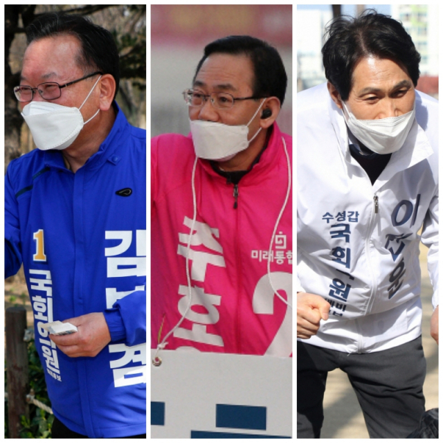 21대 총선 대구 수성갑에 출마한 더불어민주당 김부겸 후보가 21일 수성못에서 유권자들과 인사를 나누고 있다. 우태욱 기자 woo@imaeil.com