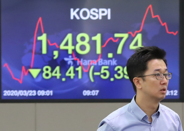 신종 코로나바이러스 감염증(코로나19) 팬데믹으로 주가지수와 원화가치가 10년 전 수준으로 회귀한 가운데 코스피가 큰 폭으로 하락한 23일 오전 서울 중구 을지로 하나은행 딜링룸에서 직원들이 거래업무를 하고 있다. 연합뉴스