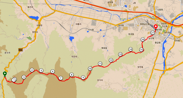 화살재~바래봉~진밭산~동구지산~덕대산~고성산 등산로