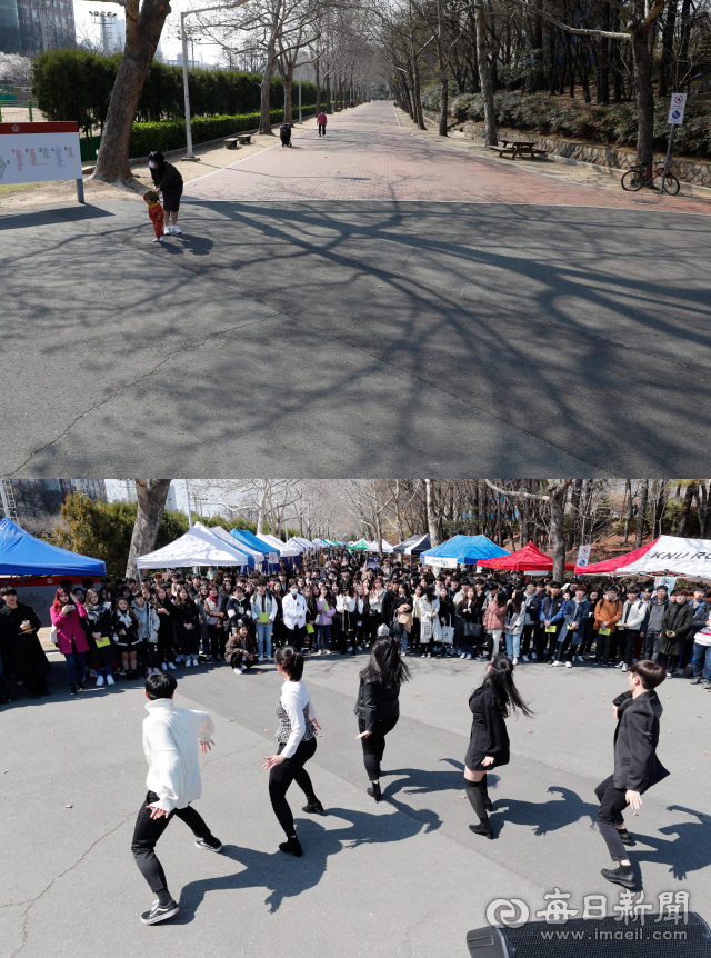 코로나19 확산으로 대학가의 각종 행사와 축제가 연기 또는 취소됐다. 최근 경북대 일청담의 모습(사진 위)과 지난해 이맘때 쯤 같은 장소에서 학생들이 모여 동아리 모집 공연을 관람하고 있는 모습. 우태욱 기자 woo@imaeil.com