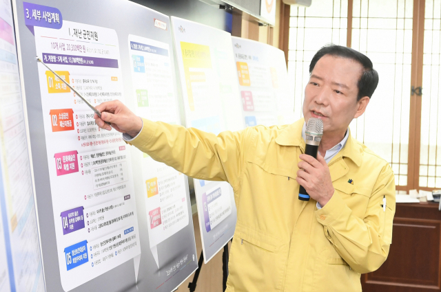 구인모 거창군수가 30일 군청 상황실에서 코로나 19 댕 지역 경제살리기 종합대책을 발표했다.거창군