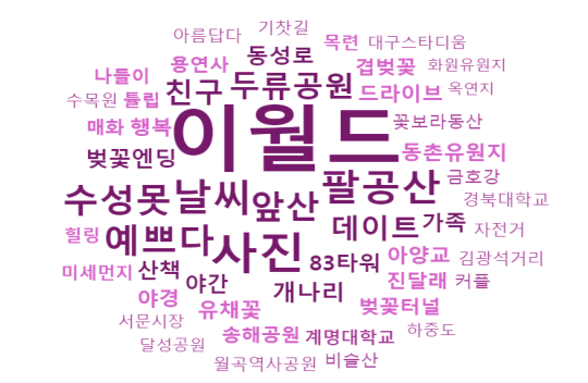 [빅데이터로 본 대구경북] 대구 벚꽃 관련 워드클라우드. 이월드 등장 빈도가 가장 많았고 사진, 팔공산, 날씨, 예쁘다, 앞산, 데이트 등 키워드가 잇따랐다. 더아이엠씨 제공
