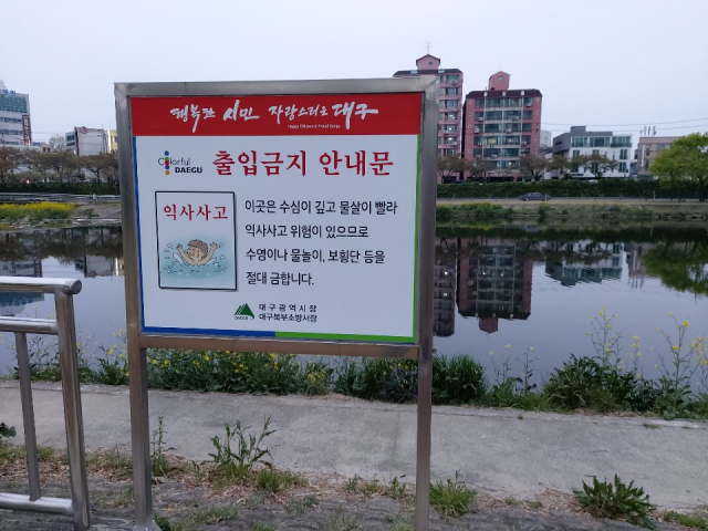 경대교와 칠성교 사이 산책로 약 50m 구간에만 안전펜스가 설치돼 있다. 이수현 기자