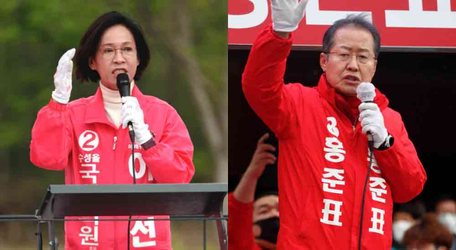제21대 국회의원 선거 대구 수성을에 출마한 미래통합당 이인선 후보(왼쪽)가 11일 수성못 상화동산에서, 무소속 홍준표 후보가 수성못에서 각각 한표를 호소하고 있다. 우태욱 기자 woo@imaeil.com