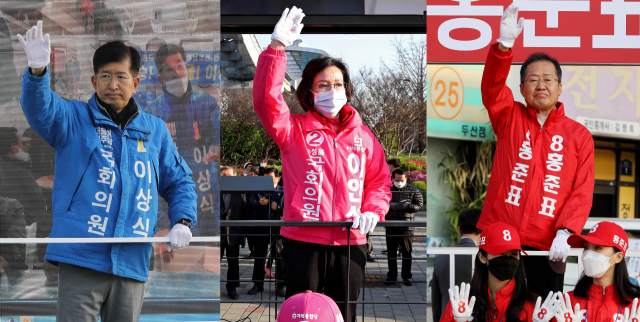 4·15 총선 공식 선거운동이 2일부터 13일간의 열전에 돌입했다. 대구 수성을에 출마한 더불어민주당 이상식(왼쪽부터) 후보, 미래통합당 이인선 후보, 무소속 홍준표 후보가 두산오거리에서 출근길 운전자들을 향해 한 표를 호소하고 있다. 김영진 기자 kyjmaeil@imaeil.com